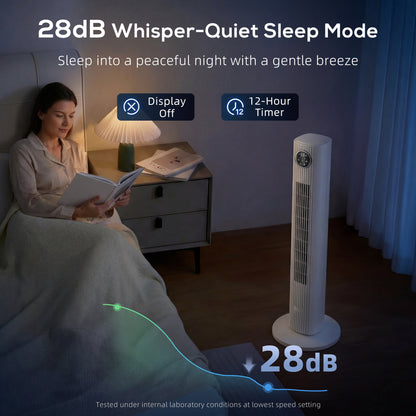 28dB Tower Fan for Bedroom, 36 inch, 8 m/s Velocity Standing Cooling Fan with 80° Oscillating, BLDC Motor, 12 Speeds
