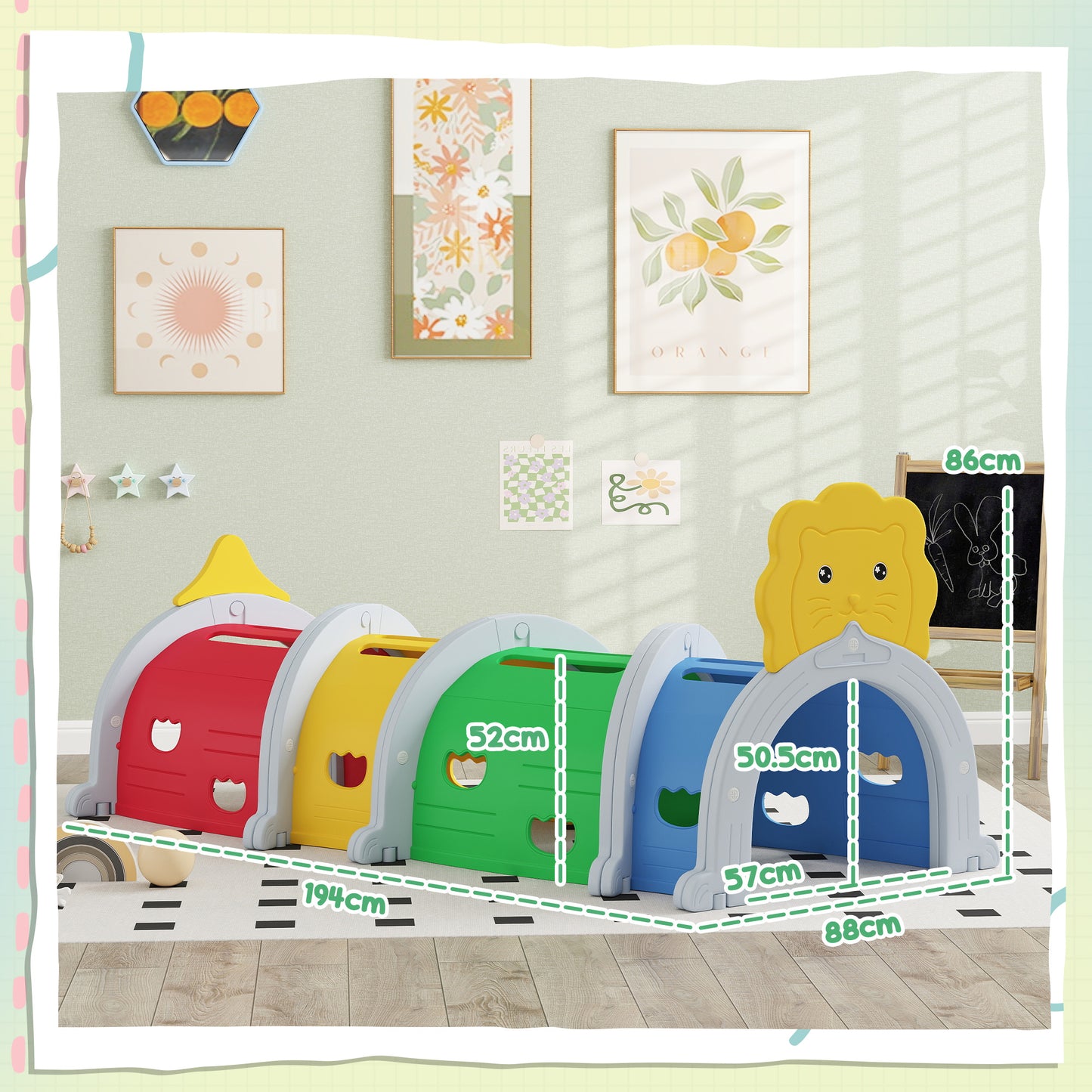 Kids Play Tunnel with Lion Design for 3-6 Years, Crawling, Climbing, Indoors & Outdoors