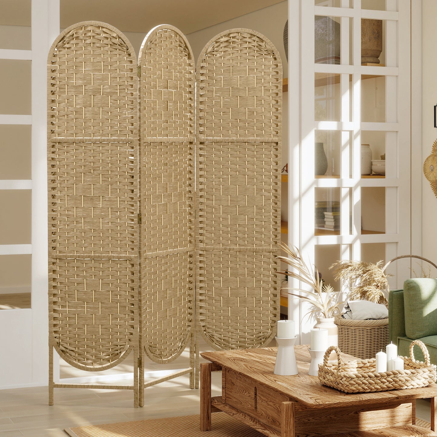 Freestanding Privacy Screen, 3 Panel Folding Room Divider for Living Room, Bedroom and Office, Natural Wood Finish