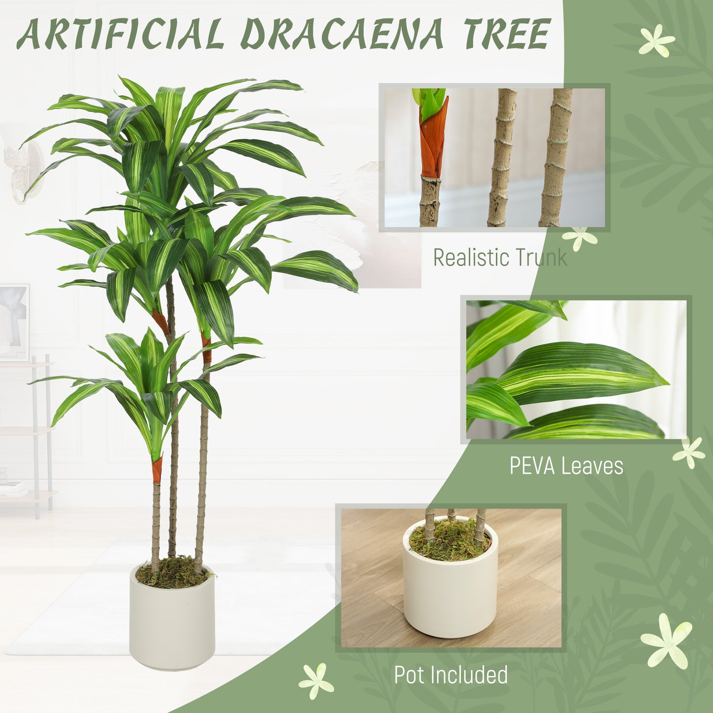 120cm Artificial Dracaena Tree with Bendable Trunks - Green