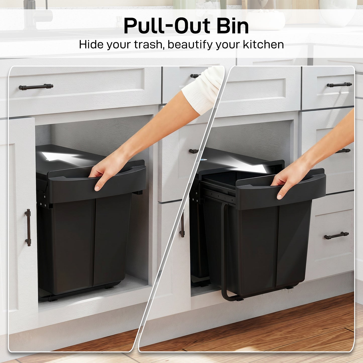 Pull Out Bin, Kitchen Under Sink Bin with 2 Removable Compartments, Smooth Glide, Black