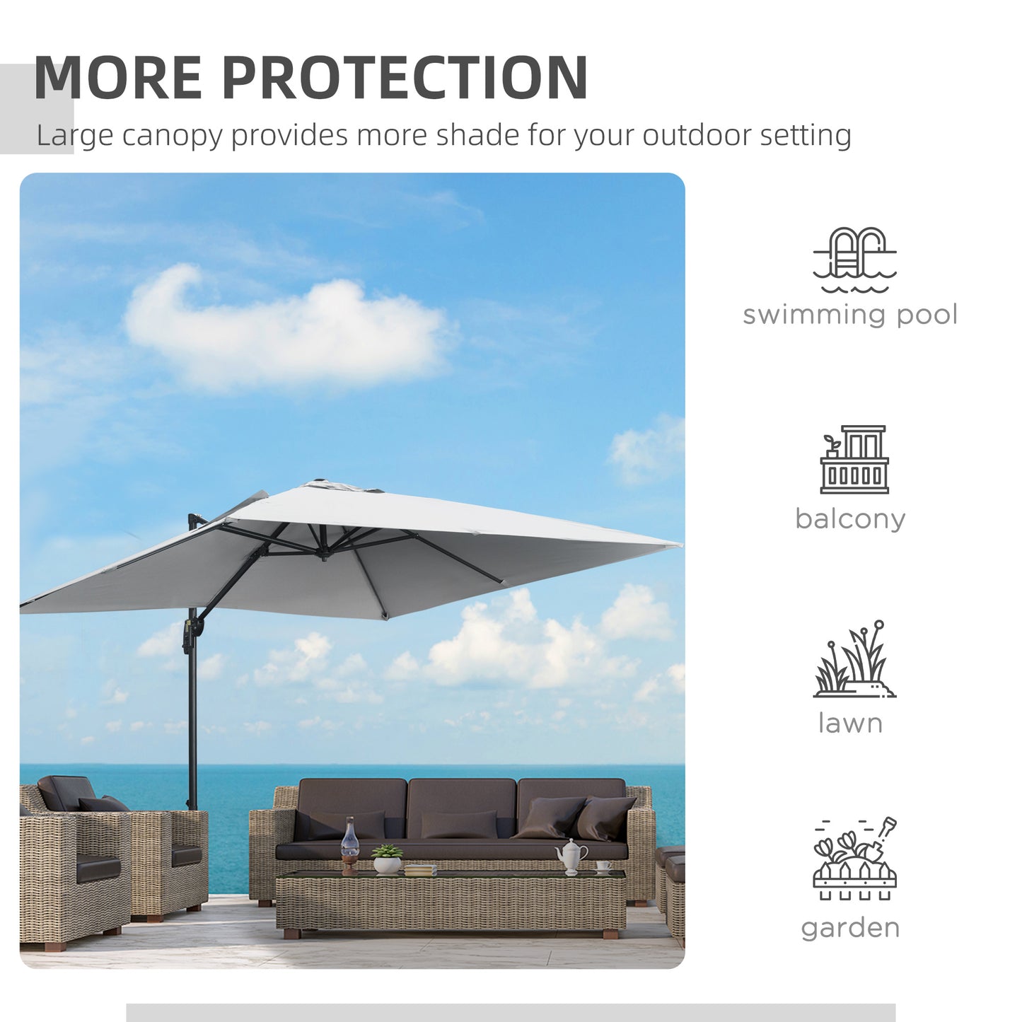 2.7 x 2.7 m Cantilever Parasol, Square Overhanging Umbrella with Cross Base, Crank Handle, Tilt