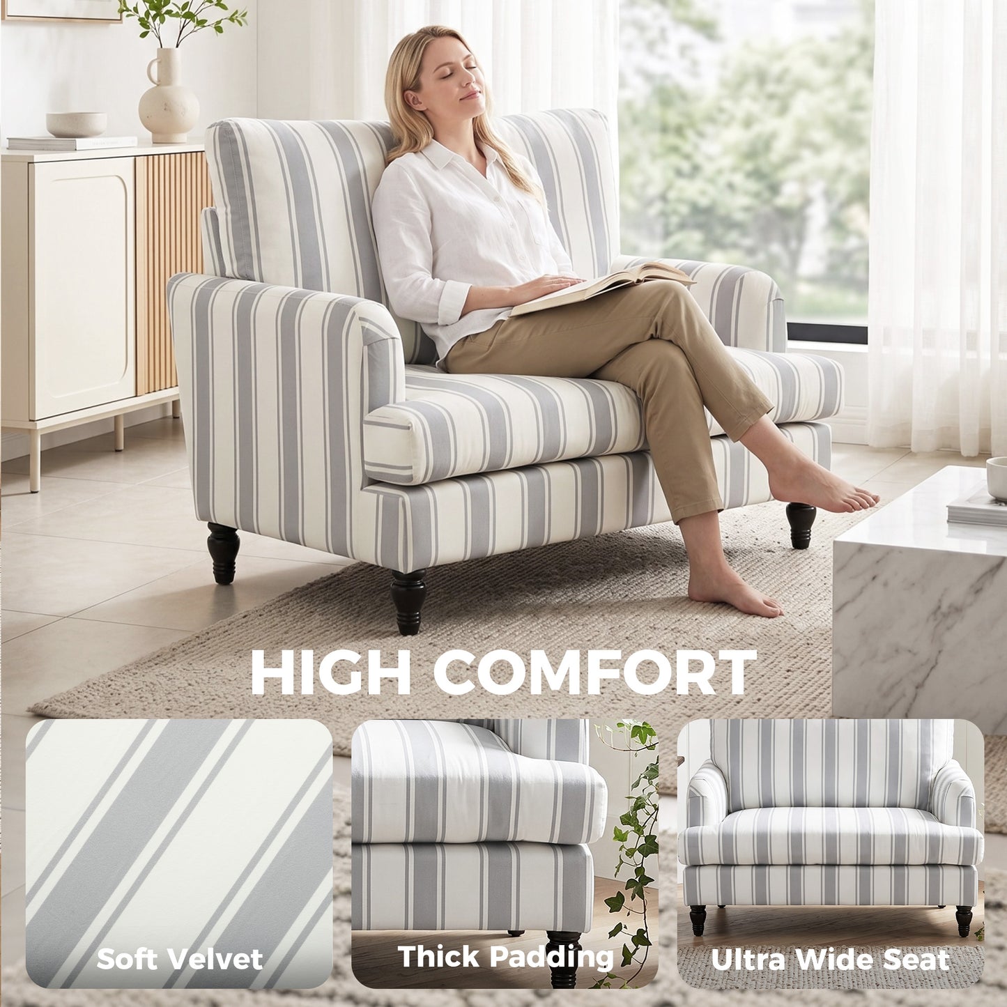 Velvet Single Sofa Armchair, Modern Accent Chair with Stripes, Turned Legs and Wide Seat, Grey