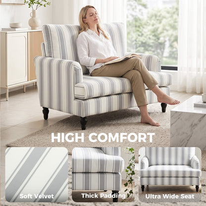 Velvet Single Sofa Armchair, Modern Accent Chair with Stripes, Turned Legs and Wide Seat, Grey