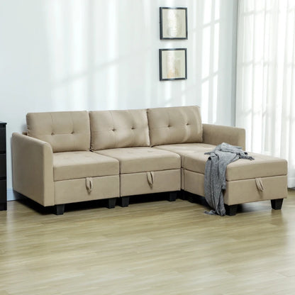 L-Shape Modular Sofa Set with Ottoman Storage - Textured Fabric Feel Material