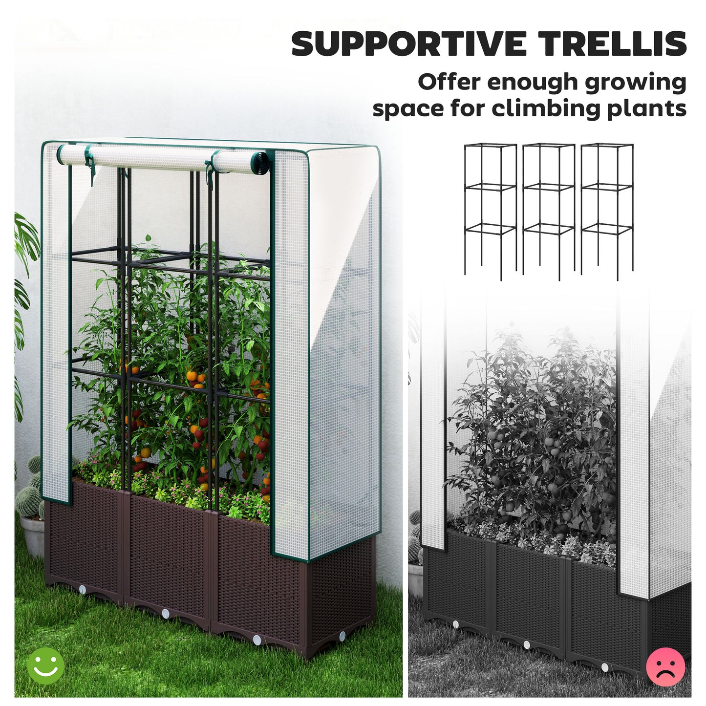 Raised Garden Bed with Trellis, Plastic Planter Box with PE Cover, Drainage Holes
