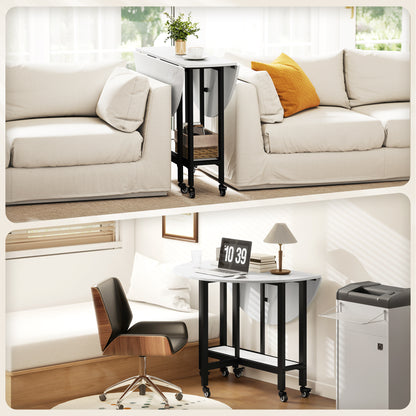 Folding Dining Table, Drop Leaf Table with Open Shelf, Rolling Kitchen Table for Dining Room, Small Spaces, White Marble