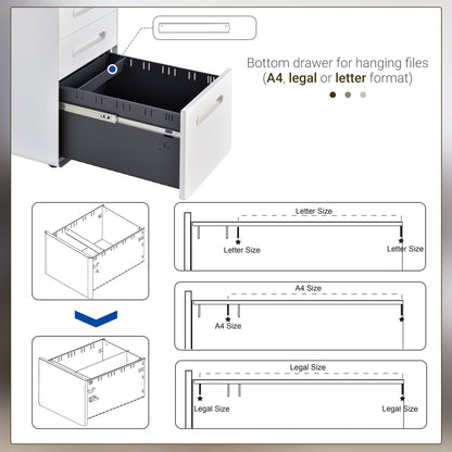 Lockable File Cabinet with 3 Drawers, Vertical Office Drawer for A4, Letter, Legal Size, Anti-tilt Design