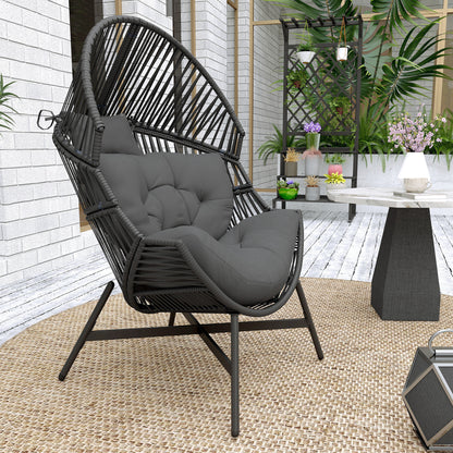 Rattan Egg Chair, Oversized Freestanding Garden Egg Chair with Thick Tufted Cushion, Headrest
