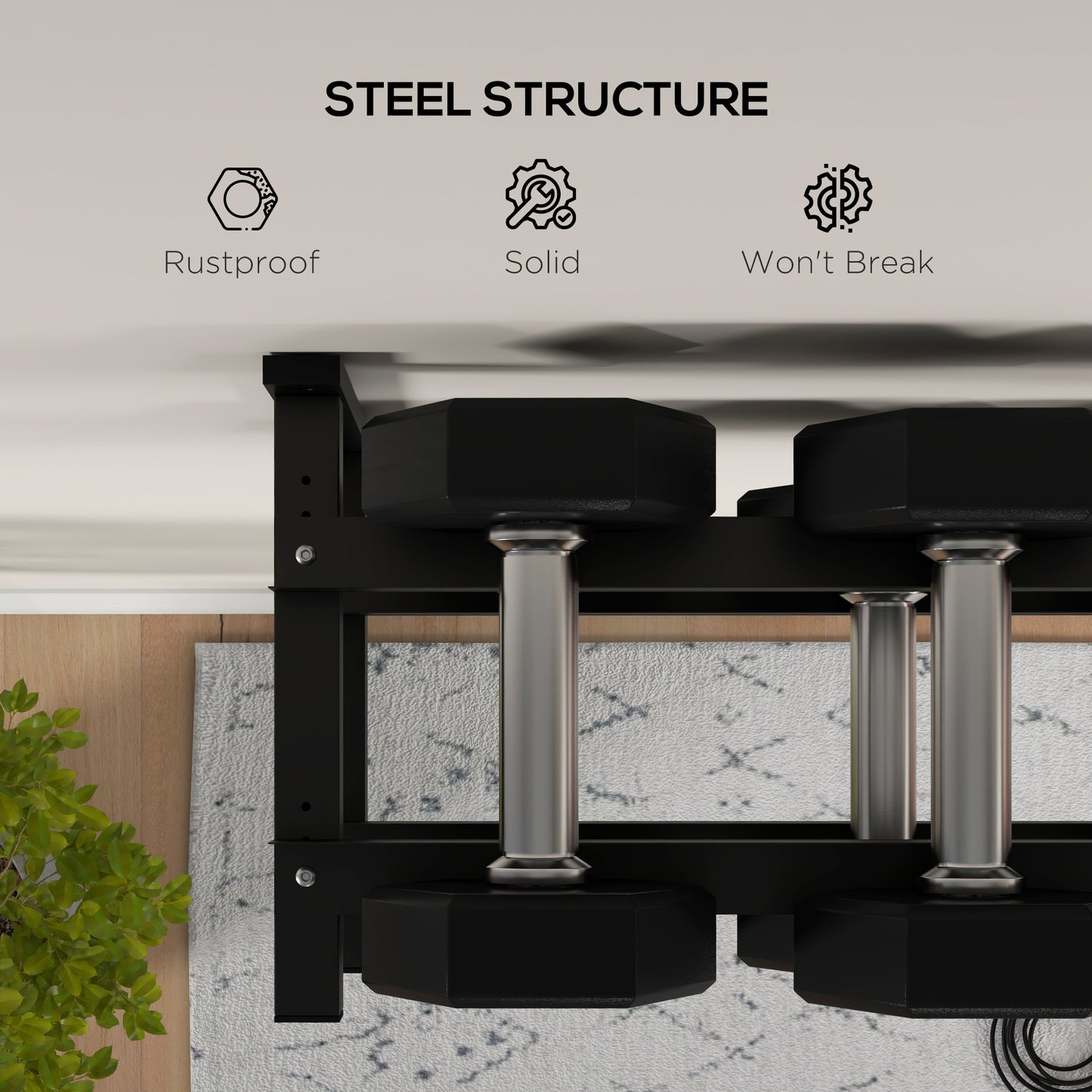 Wall-Mounted Dumbbell Rack, 2-Tier Weight Stand, Space-Saving and Multi-Functional Steel organiser for Home Gym, Black