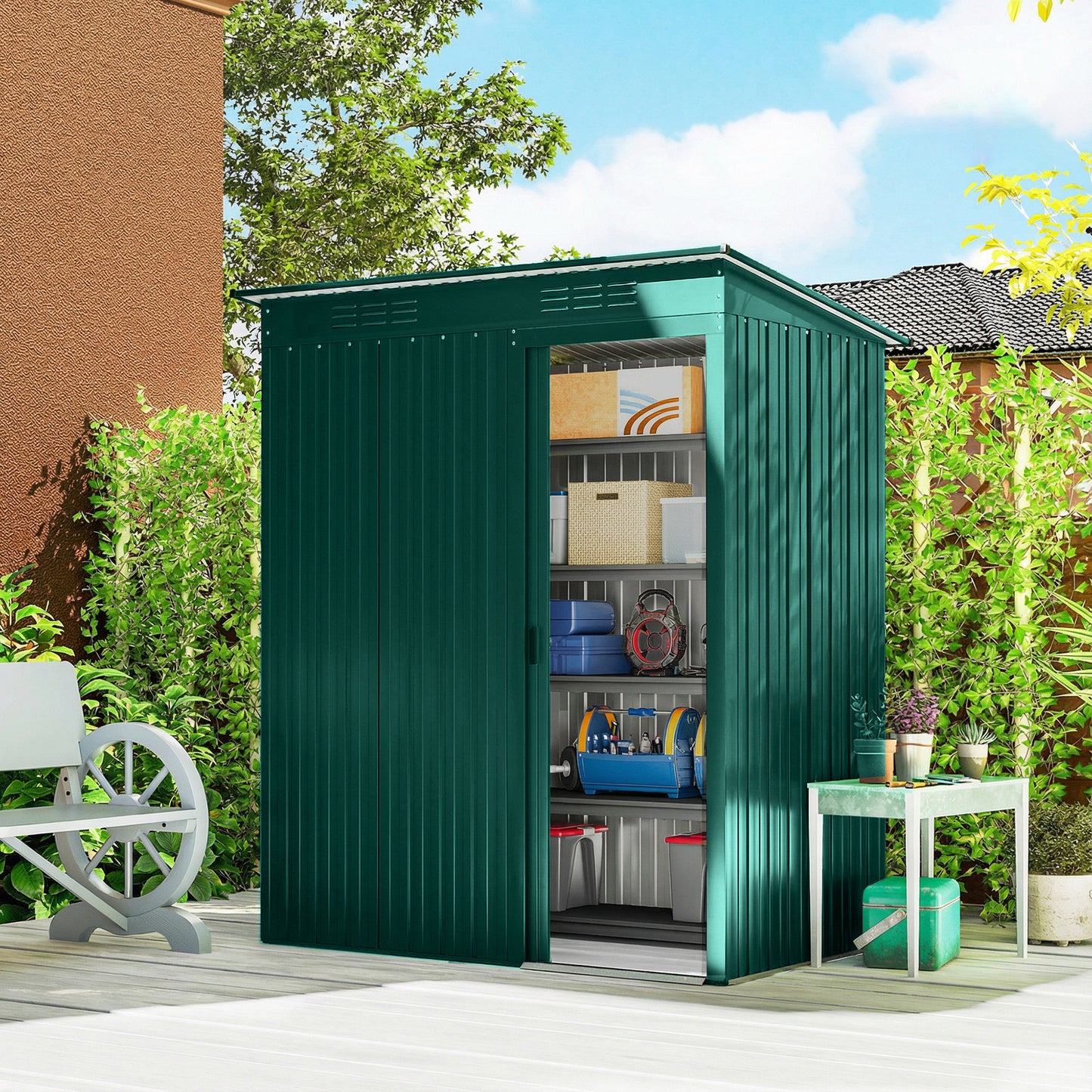 5 x 3.5ft Metal Garden Storage Shed with Effortless Assembly and 2 Pairs of Gloves, Waterproof Outdoor Shed, Green