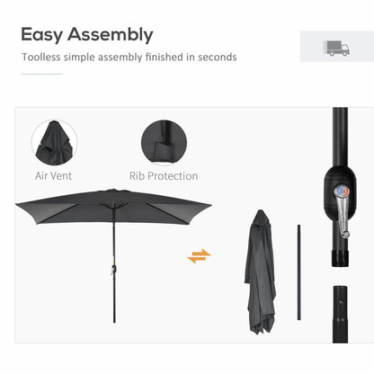 3x2m Garden Parasol Umbrella with Aluminium Pole, Tilt and Crank, Rectangular Outdoor Table Parasol Sun Shade for Patio