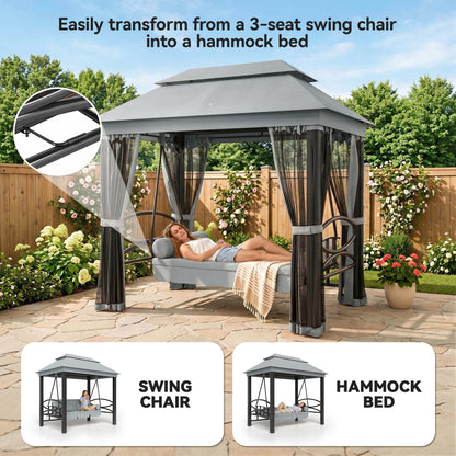3 Seater Swing Chair 3-in-1 Convertible Garden Swing Seat Bed Gazebo Patio Bench Outdoor with Double Tier Canopy