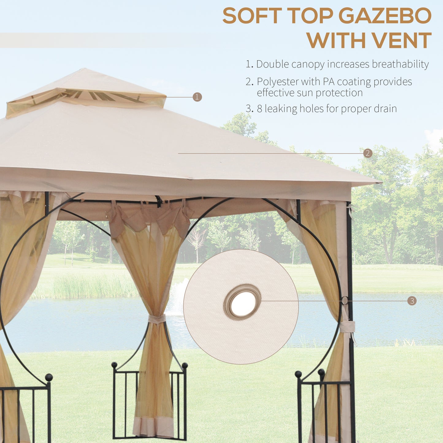 3 x 3(m) Garden Gazebo Patio Party Tent Shelter Outdoor Canopy Double Tier Sun Shade Metal Frame Netting, Beige