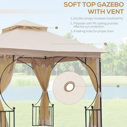 3 x 3(m) Garden Gazebo Patio Party Tent Shelter Outdoor Canopy Double Tier Sun Shade Metal Frame Netting, Beige