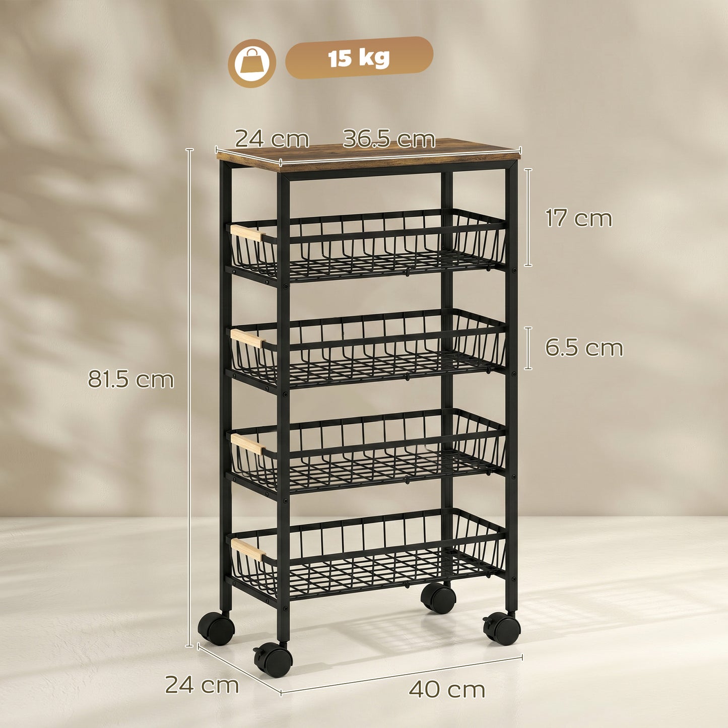 Metal Kitchen Trolley, 4-Tier Storage Trolley with Pull-Out Baskets and 4 Swivel Casters for Kitchen, Rustic Brown