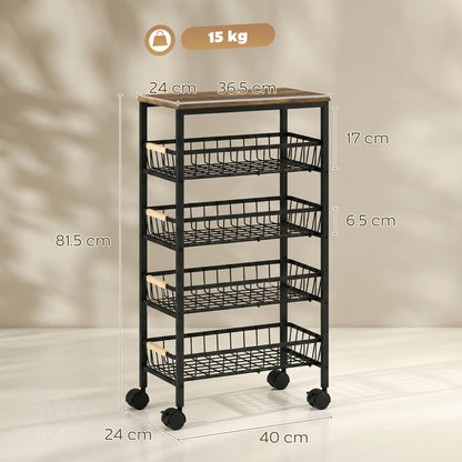 Metal Kitchen Trolley, 4-Tier Storage Trolley with Pull-Out Baskets and 4 Swivel Casters for Kitchen, Rustic Brown