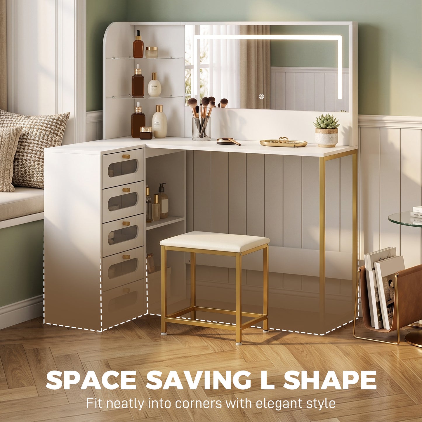 Dressing Table with LED Mirror and Stool, L-Shaped Vanity Desk with Drawers and Shelves, White