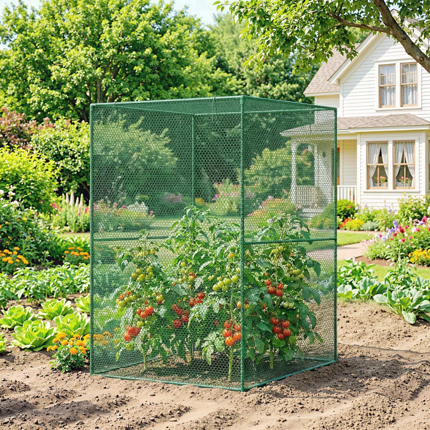 120 x 120cm Compact Plant Cage, with Netting - Green