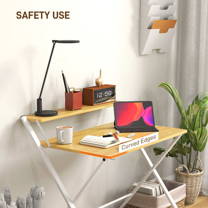 Compact Folding Desk for Small Spaces, Foldable Computer Desk with Storage Shelf for Home Office, 2-Tier Study Writing Table