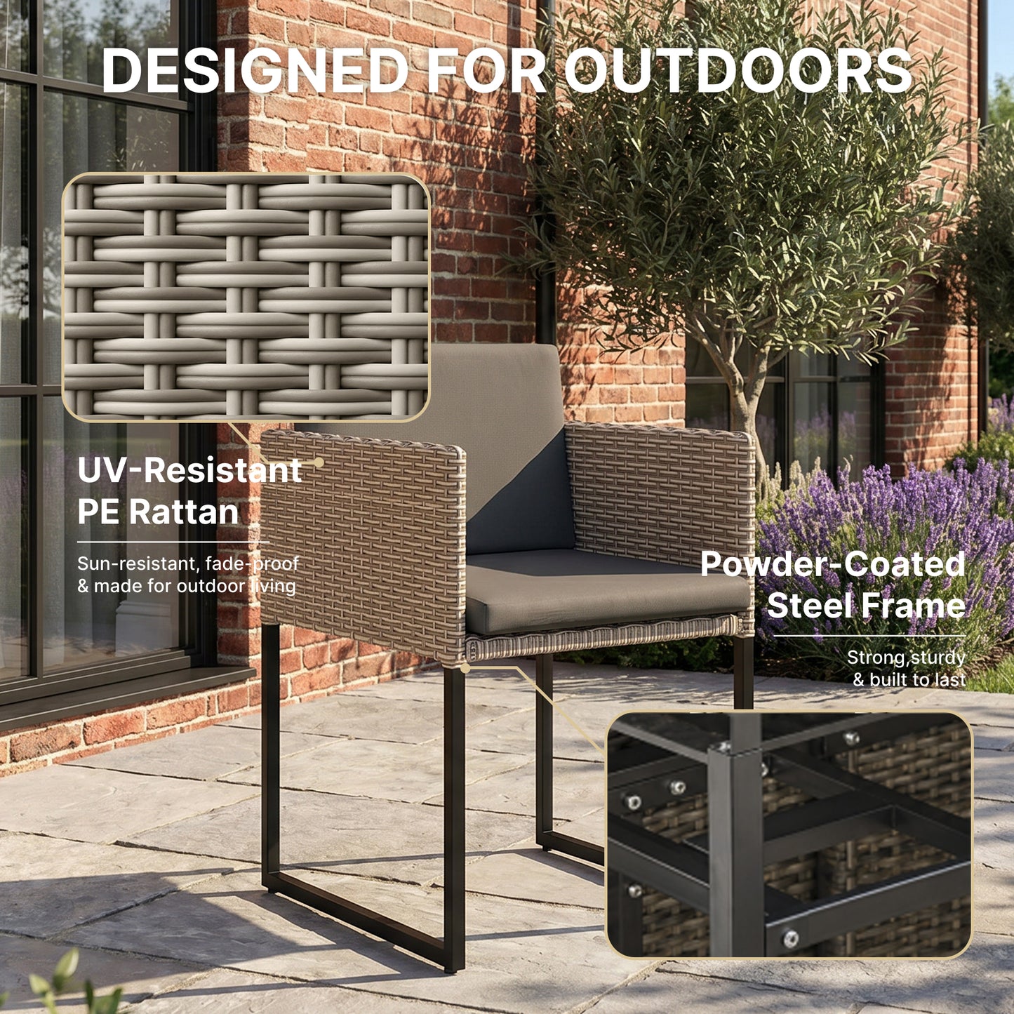 7 Piece Rattan Garden Furniture Set, Garden Dining Set with Wood-Plastic Table and 6 Stackable Chairs, Light Grey