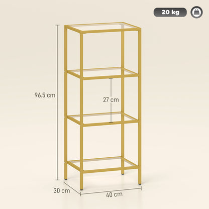 4-Tier Shelving Unit, Glass Shelf, Vertical Storage Shelf for Living Room, Home Office, Bedroom, Bathroom, Gold Tone