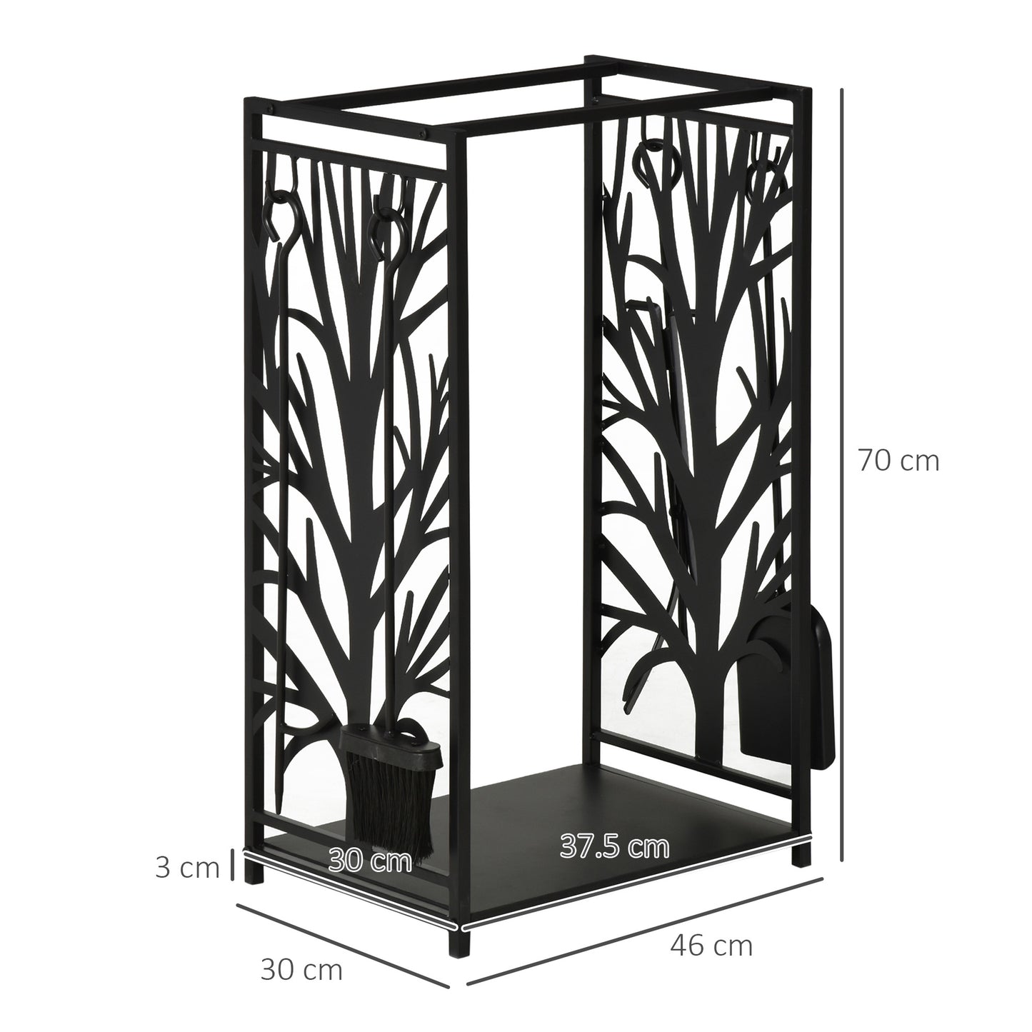Steel Firewood Log Holder Indoor Outdoor Firewood Rack Fireplace Wood Storage Shelf with 4 Tools, Hooks, Tree Pattern Design