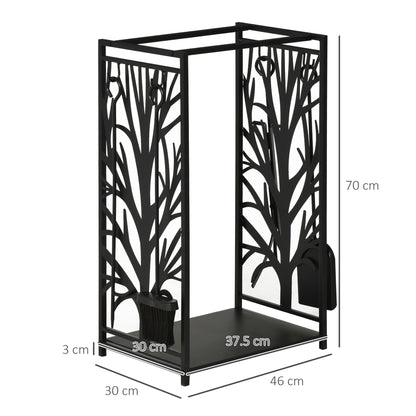 Steel Firewood Log Holder Indoor Outdoor Firewood Rack Fireplace Wood Storage Shelf with 4 Tools, Hooks, Tree Pattern Design