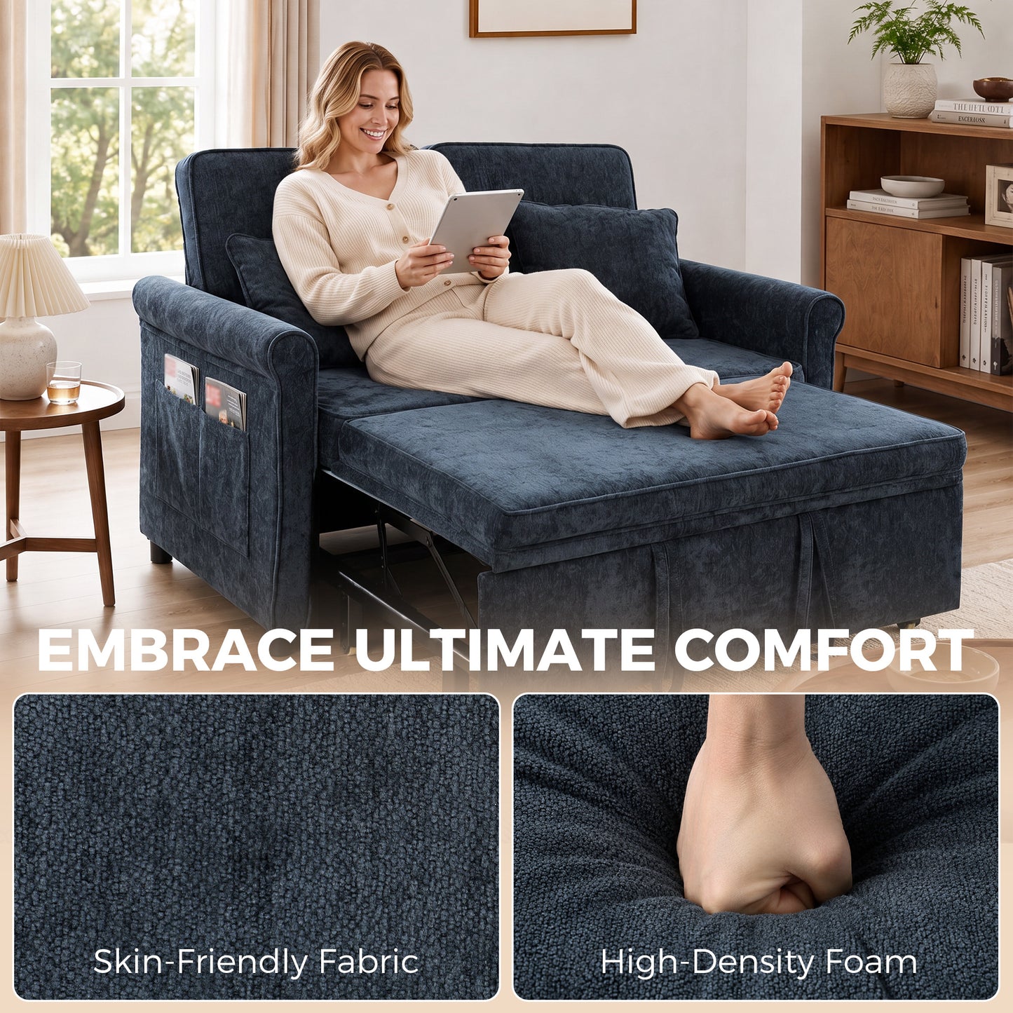 2 Seater Sofa Bed 3-in-1 Convertible Chenille Pull Out Sleeper Sofa with 5-Position Adjustable Backrest, Dark Blue