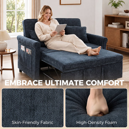 2 Seater Sofa Bed 3-in-1 Convertible Chenille Pull Out Sleeper Sofa with 5-Position Adjustable Backrest, Dark Blue