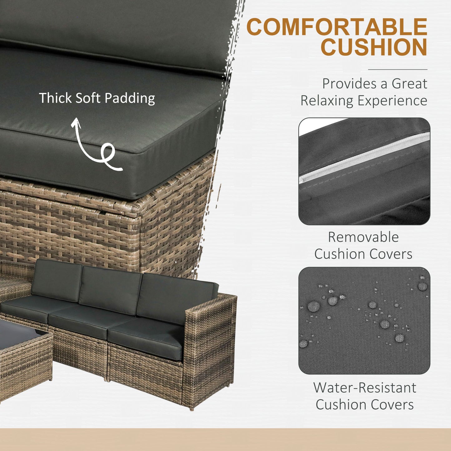 8 Pieces Outdoor PE Rattan Sofa Set with Cushions and Glass Top Coffee Table, Mixed Brown