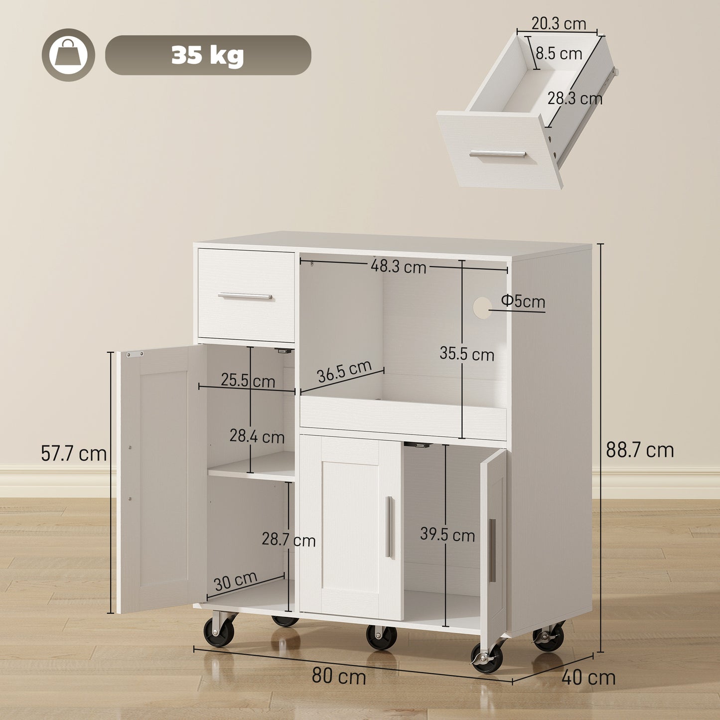 Rolling Kitchen Cart, Microwave Cabinet with Sliding Tray, Drawer, 3-Door Cupboards, Adjustable Shelf, White