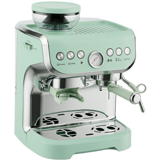 15 Bar Coffee Machine, with Adjustable Grind, Steamer and Accessories - Light Green