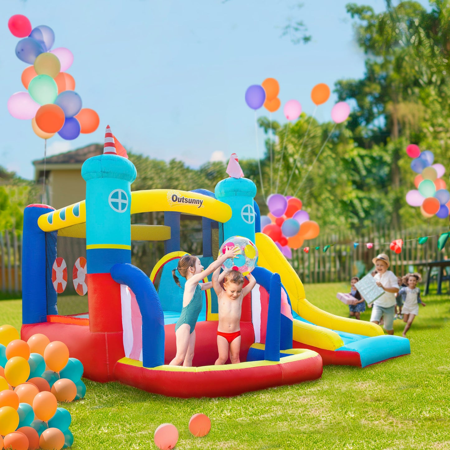 Kids Bouncy Castle, 4 in 1 Large Sailboat Style Inflatable House Slide Trampoline Water Pool Climbing Wall with Blower Carryb