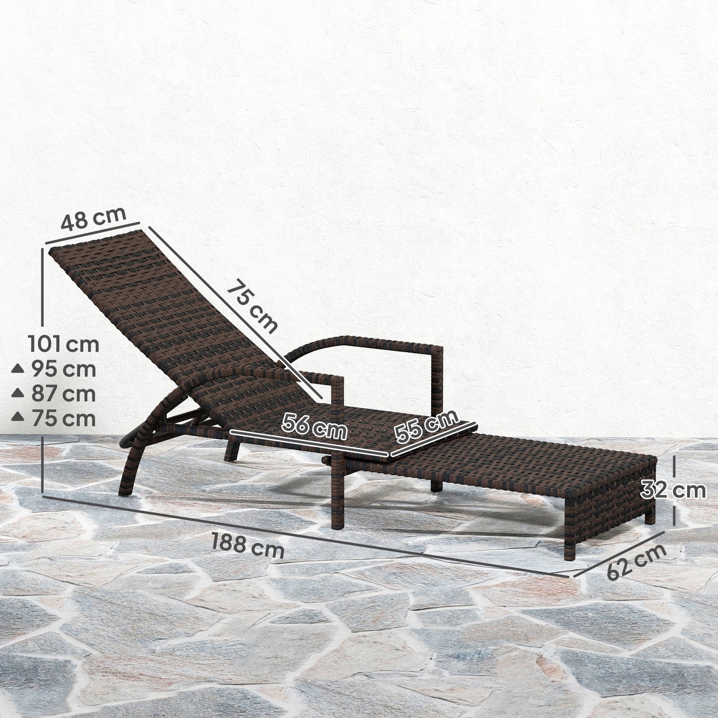 Reclining Rattan Lounger, with Extending Footrest - Brown