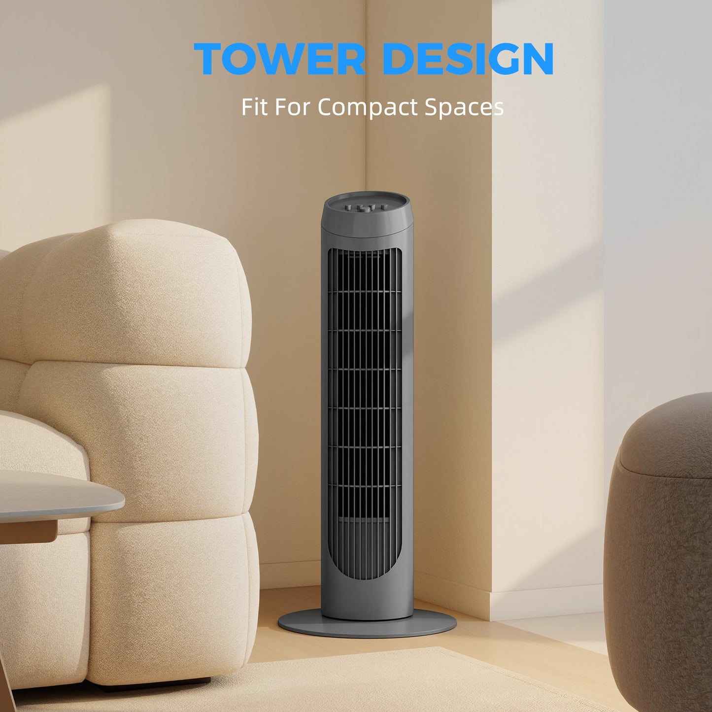 Tower Fan for Bedroom Cooling, 75cm Electric 70° Oscillating with 3 Speed Settings, Standing Floor Fan, Grey