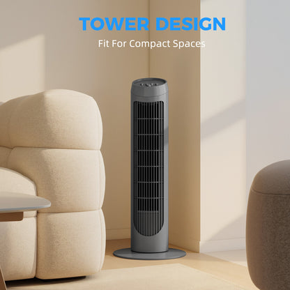 Tower Fan for Bedroom Cooling, 75cm Electric 70° Oscillating with 3 Speed Settings, Standing Floor Fan, Grey