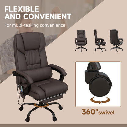 6-Point Massage Office Chair, PU Leather Desk Chair with Adjustable Height and Footrest for Home Office, Brown