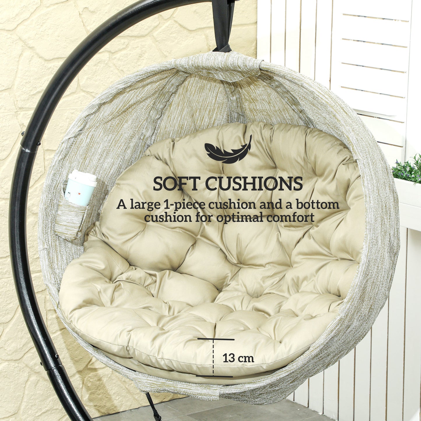 Hanging Egg Chair Outdoor Indoor Garden Swing Chair with Folding Basket, Thickened Cushion, Cup Holder for Patio, Balcony