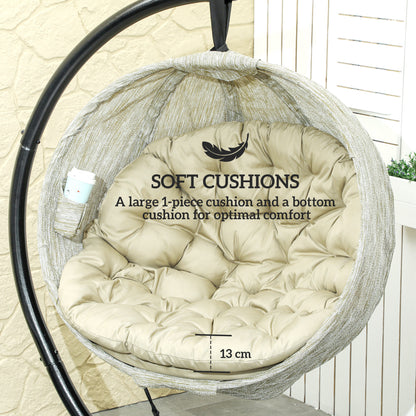 Hanging Egg Chair Outdoor Indoor Garden Swing Chair with Folding Basket, Thickened Cushion, Cup Holder for Patio, Balcony