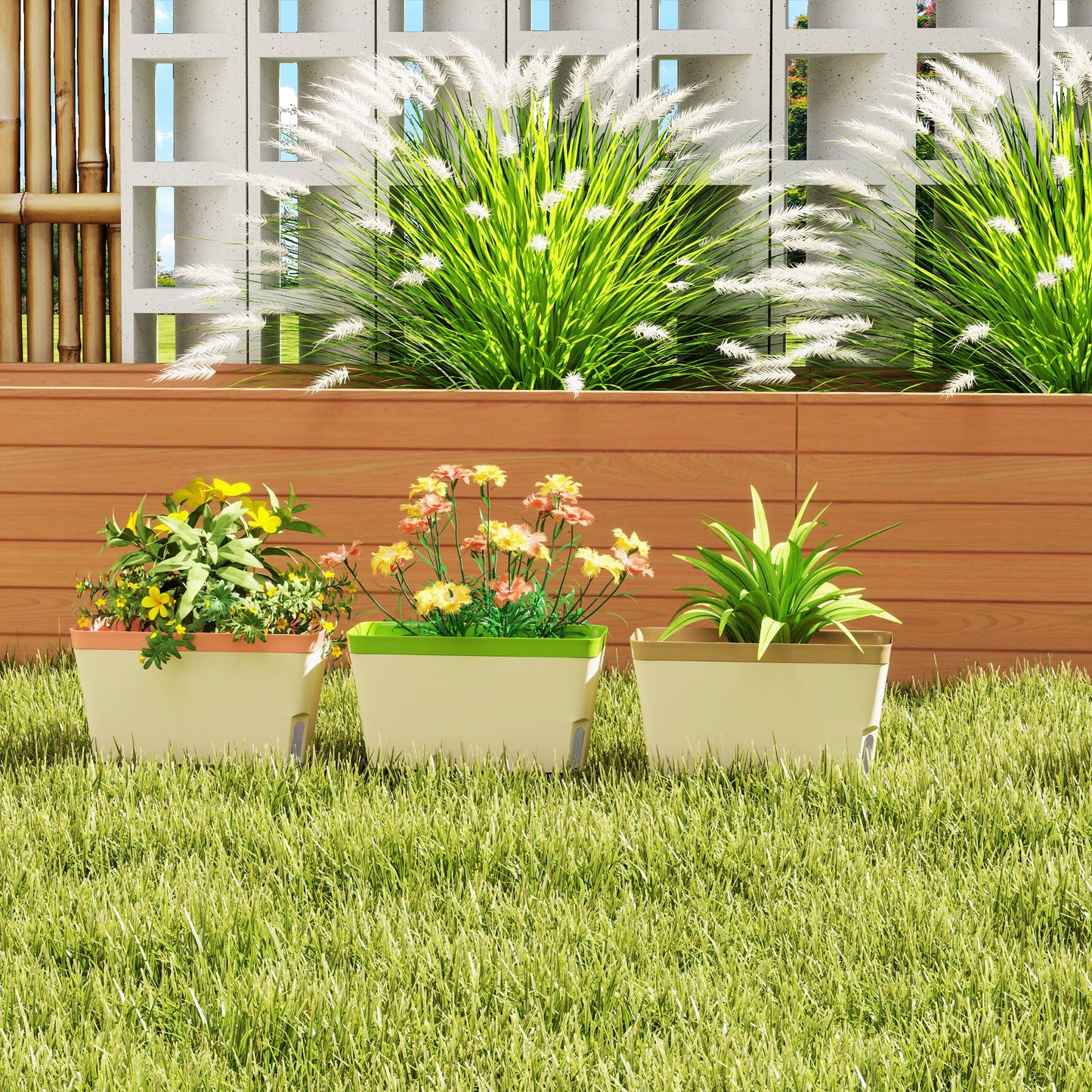 Set of 3 Self Watering Plant Pots Outdoor, 27cm Rectangular Garden Planters with Visual Water Level Window