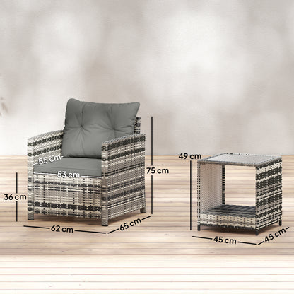 Rattan Bistro Set, 3 Piece Garden Furniture Set with 2 Tier Glass Top Table and Cushions, Mixed Grey