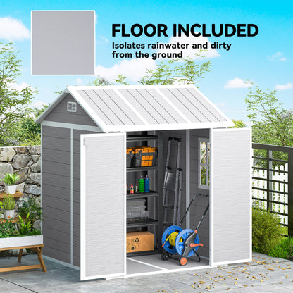 6 x 6ft Garden Shed with Floor, Window, Lockable Doors and Vents, Wood Effect Resin Tool Shed for Outdoor Patio, Grey