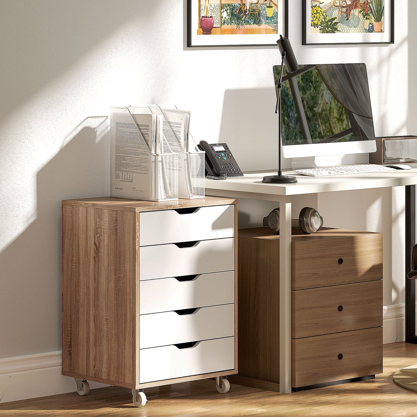 Five-Drawer Filing Cabinet, with Wheels - Oak Brown