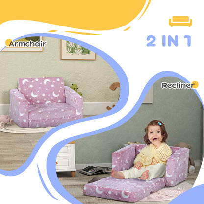 2 in 1 Kids Folding Bed Armchair with Glow in The Dark Cosmic Design, Washable Cushion and Cover, Pink