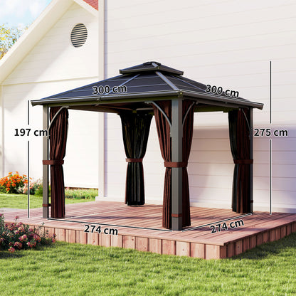 3 x 3(m) Hardtop Gazebo Canopy with 7mm Polycarbonate Double-Tier Roof, Garden Gazebo Permanent Pavilion