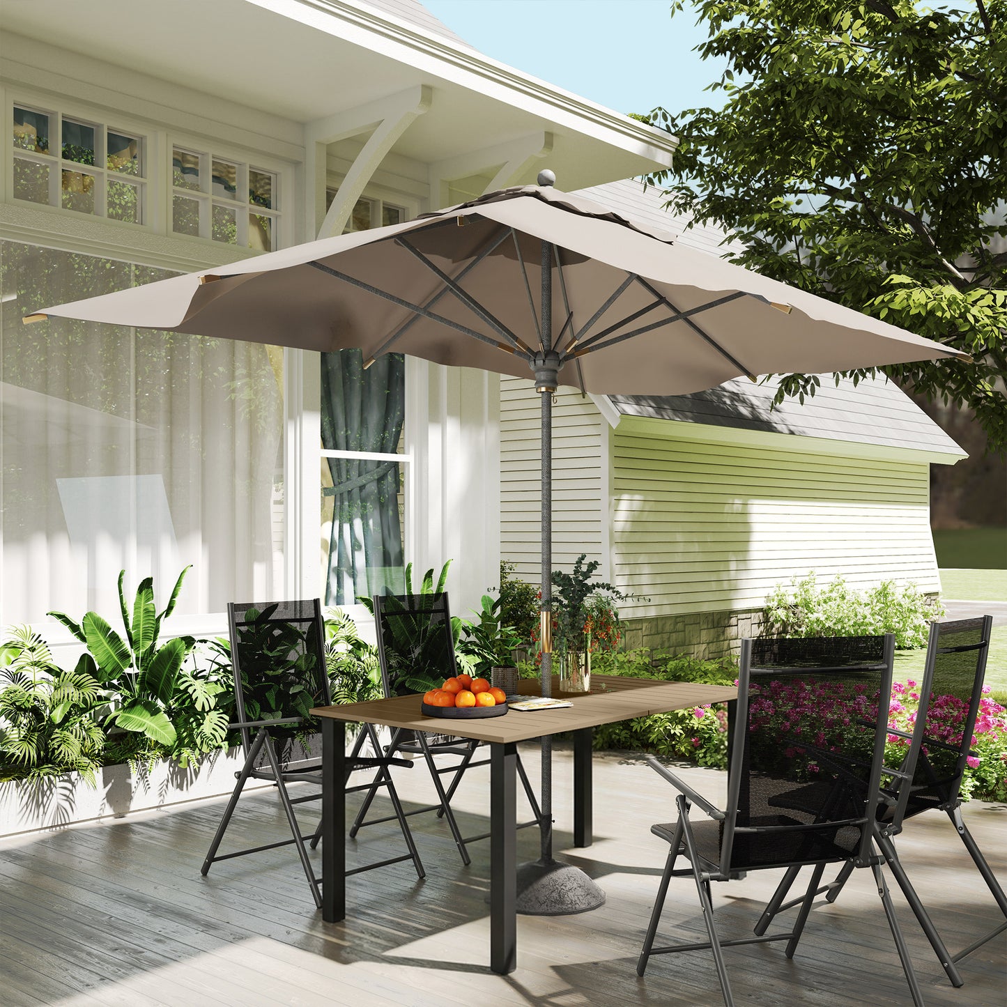 Garden Dining Table for 6 with Parasol Hole, Rectangle Outdoor Garden Table with Slatted Metal Top, Steel Frame, Brown