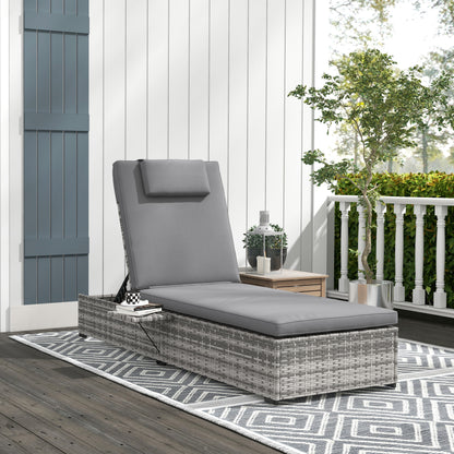 Outdoor Patio PE Rattan Lounger with Cushion, 5-Level Reclining Wicker Rattan Sun Lounger with Tea Tray, for Poolside, Patio