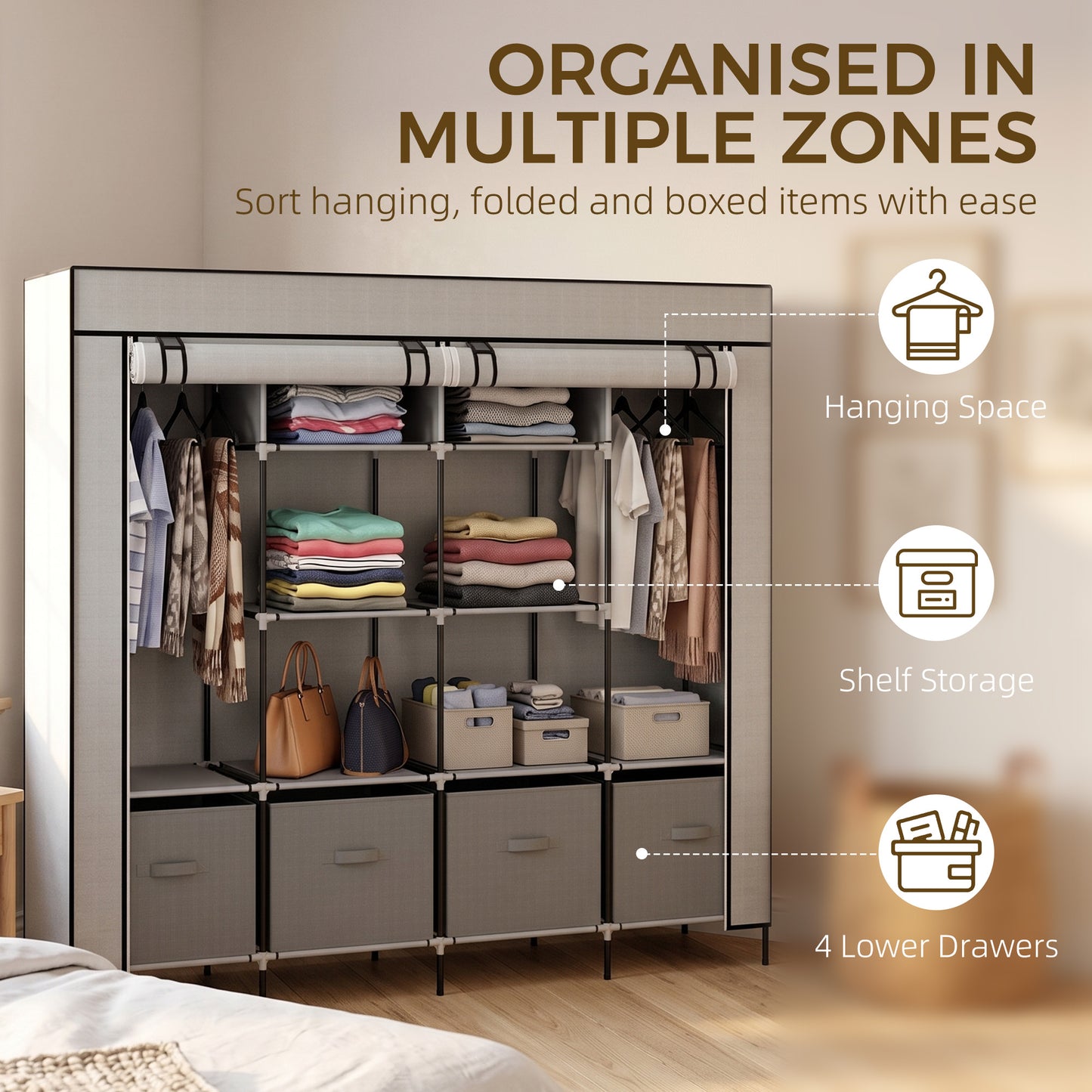 Fabric Wardrobe for Bedroom, Portable Cloth Wardrobe with 10 Compartments, 2 Hanging Rails and 4 Fabric Drawers