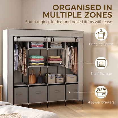 Fabric Wardrobe for Bedroom, Portable Cloth Wardrobe with 10 Compartments, 2 Hanging Rails and 4 Fabric Drawers